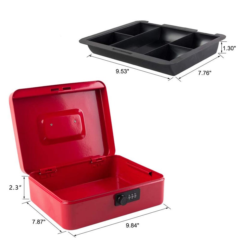KYODOLED Large Cash Box with Combination Lock Safe Metal Money Box with Money Tray for Security Lock Box 9.84"x 7.87"x 3.54" Red Large - Image 3